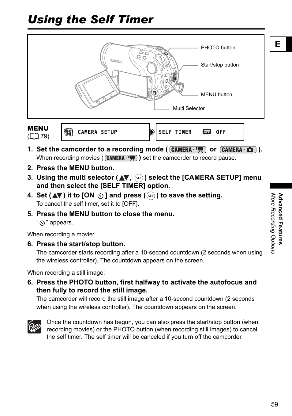 Using the self timer | Canon DC40 User Manual | Page 59 / 144