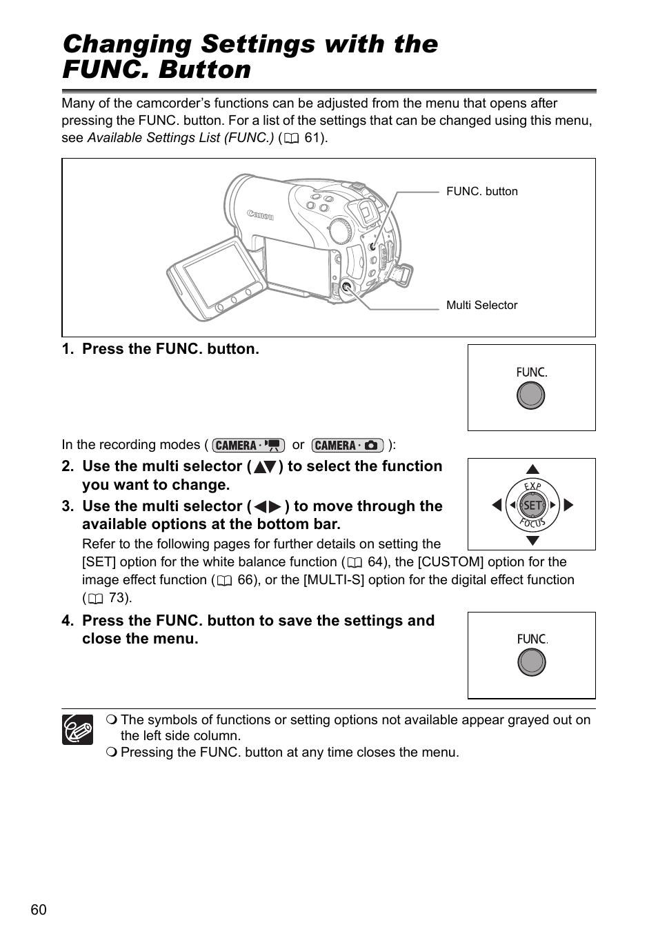 Changing the func. settings, Changing settings with the func. button | Canon DC40 User Manual | Page 60 / 144