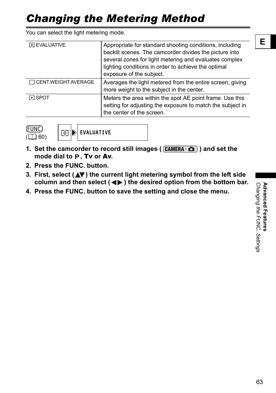 Changing the metering method | Canon DC40 User Manual | Page 63 / 144