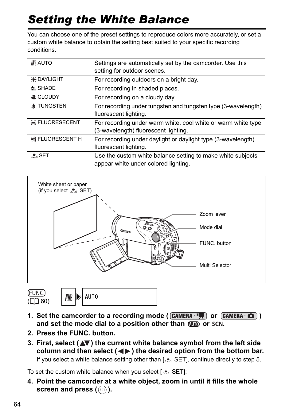 Setting the white balance | Canon DC40 User Manual | Page 64 / 144