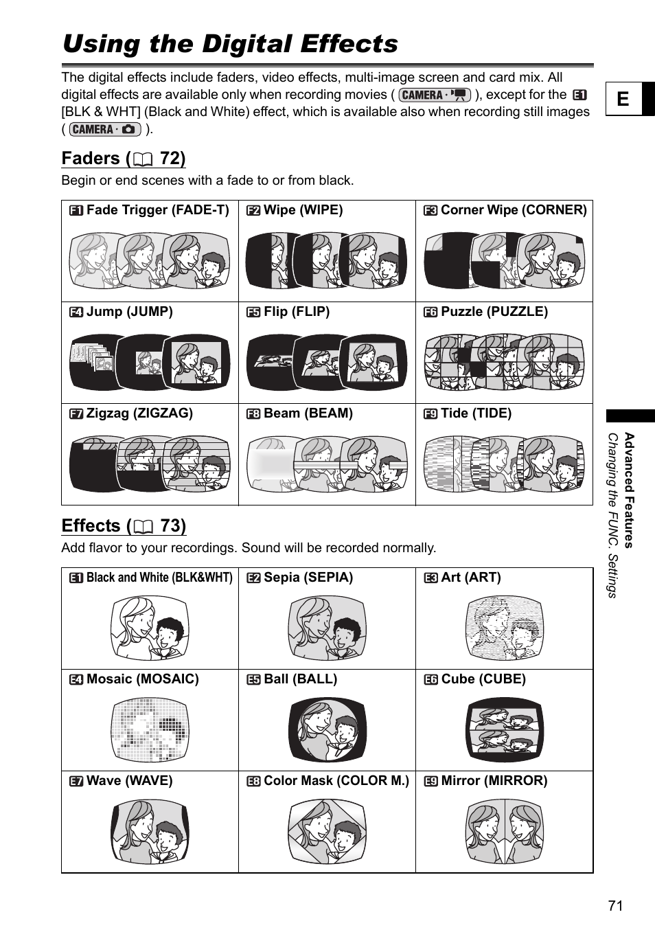 Using the digital effects, Faders ( 72), Effects ( 73) | Canon DC40 User Manual | Page 71 / 144