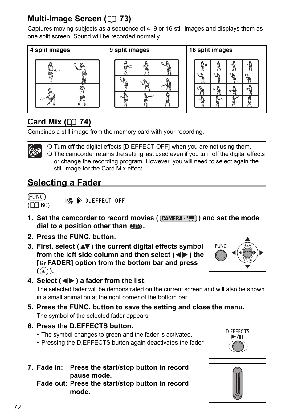 Selecting a fader, Multi-image screen ( 73), Card mix ( 74) | Canon DC40 User Manual | Page 72 / 144