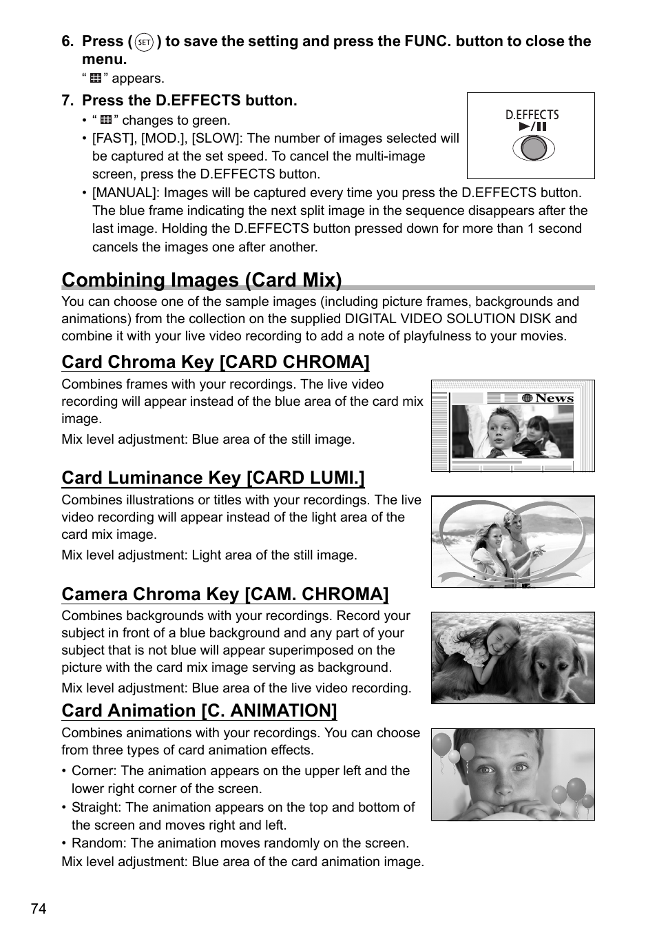 Combining images (card mix), Card chroma key [card chroma, Card luminance key [card lumi | Camera chroma key [cam. chroma, Card animation [c. animation | Canon DC40 User Manual | Page 74 / 144