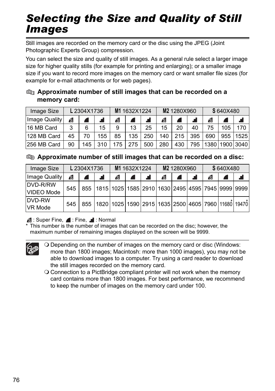 Selecting the size and quality of still images | Canon DC40 User Manual | Page 76 / 144