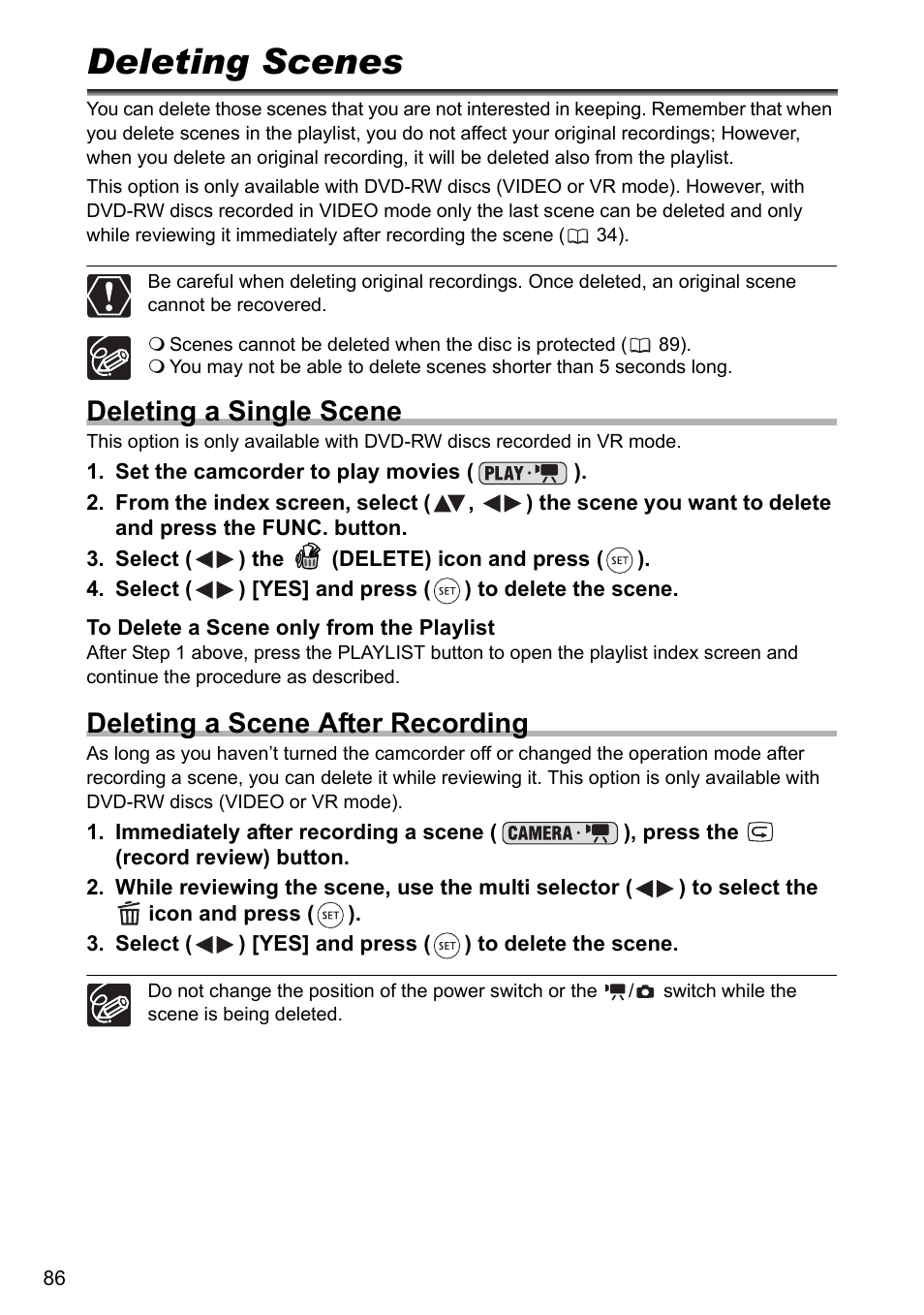 Deleting scenes, Deleting a single scene, Deleting a scene after recording | Canon DC40 User Manual | Page 86 / 144