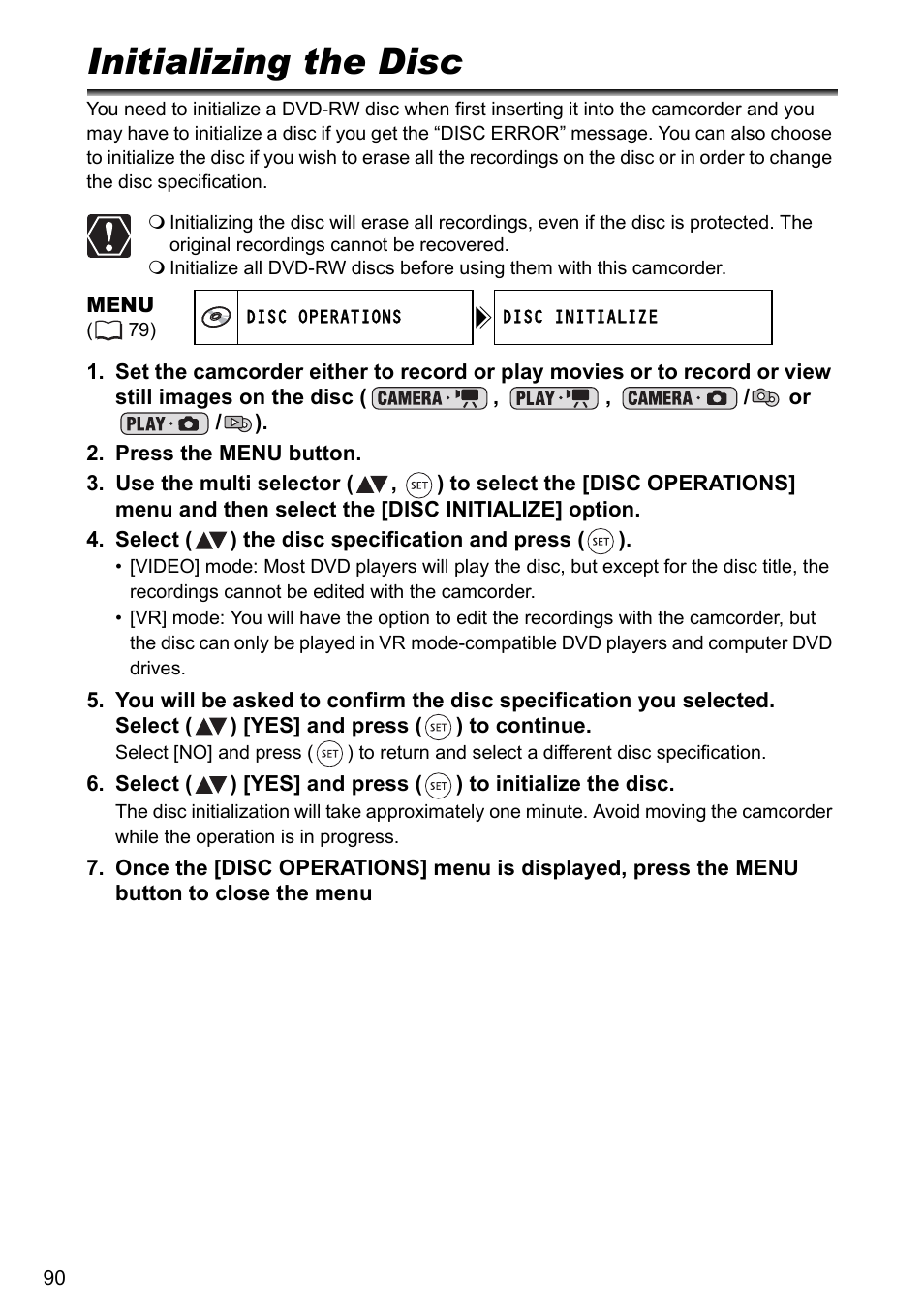 Initializing the disc | Canon DC40 User Manual | Page 90 / 144