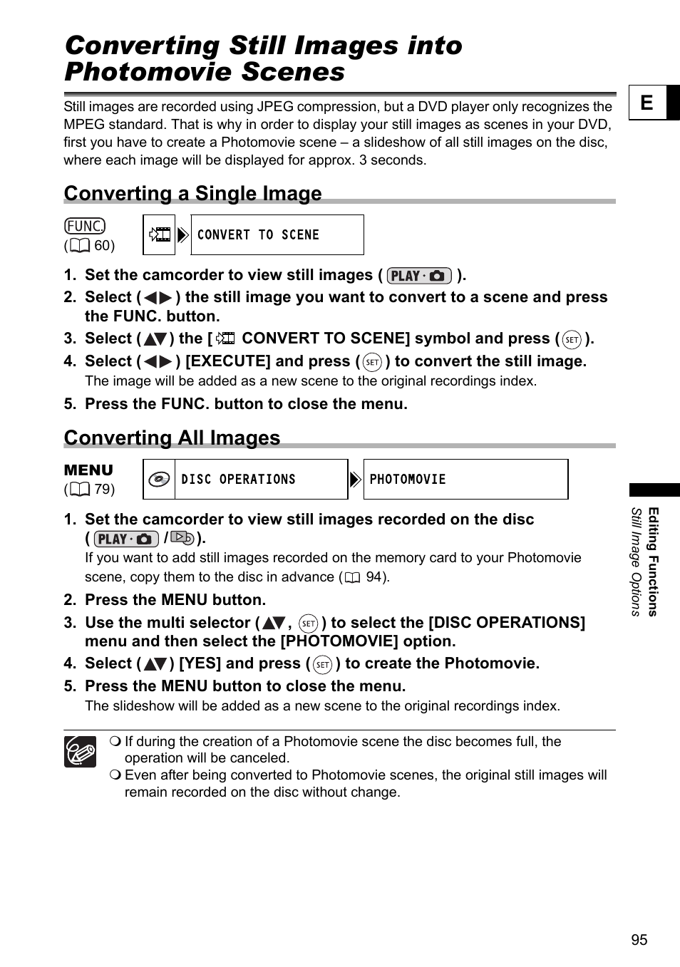 Converting still images into photomovie scenes, Converting a single image, Converting all images | Canon DC40 User Manual | Page 95 / 144