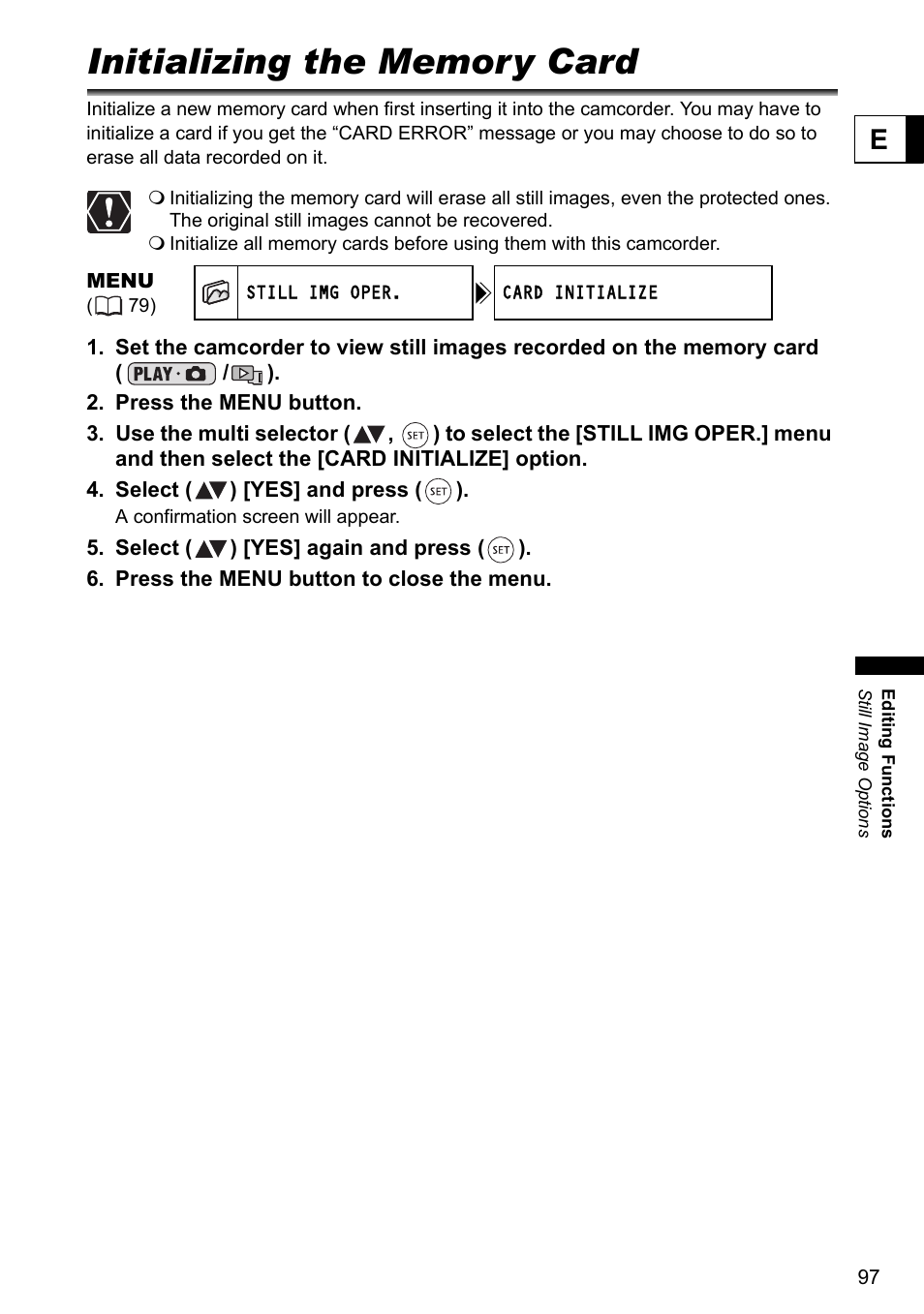 Initializing the memory card | Canon DC40 User Manual | Page 97 / 144