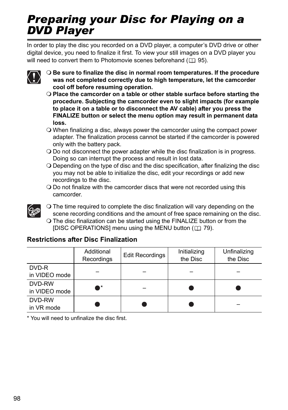 Disc finalization, Preparing your disc for playing on a dvd player | Canon DC40 User Manual | Page 98 / 144