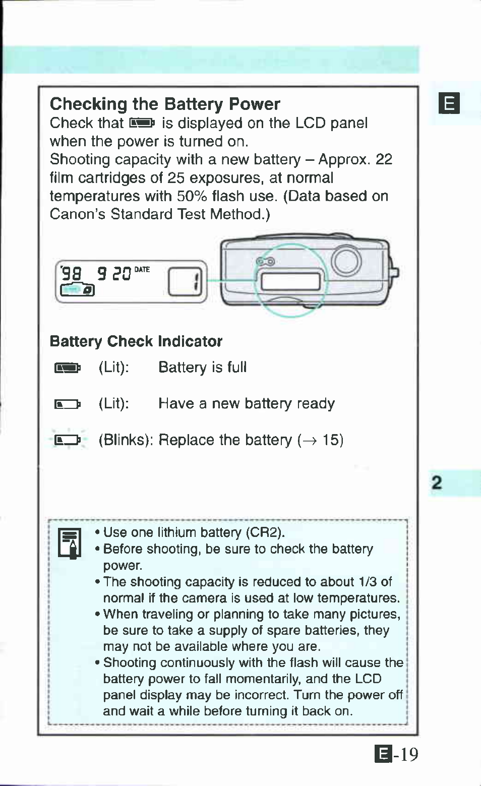 S-19, Checking the battery power | Canon Ixus M 1 User Manual | Page 19 / 50