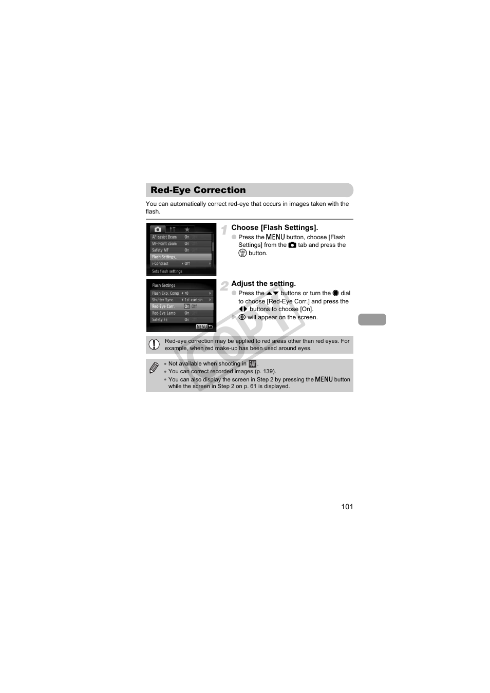 Red-eye correction, P. 101), Pp. 101 | N (p. 101), Co py | Canon PowerShot Camera S90 User Manual | Page 101 / 179