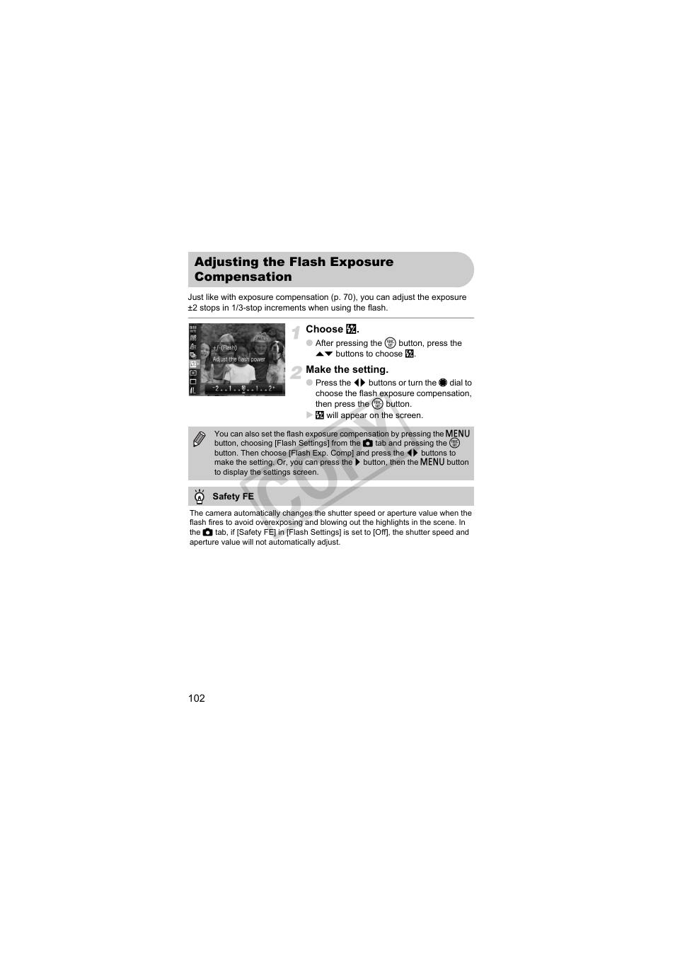 Adjusting the flash exposure, Compensation, Tion (p. 102) | Co py | Canon PowerShot Camera S90 User Manual | Page 102 / 179