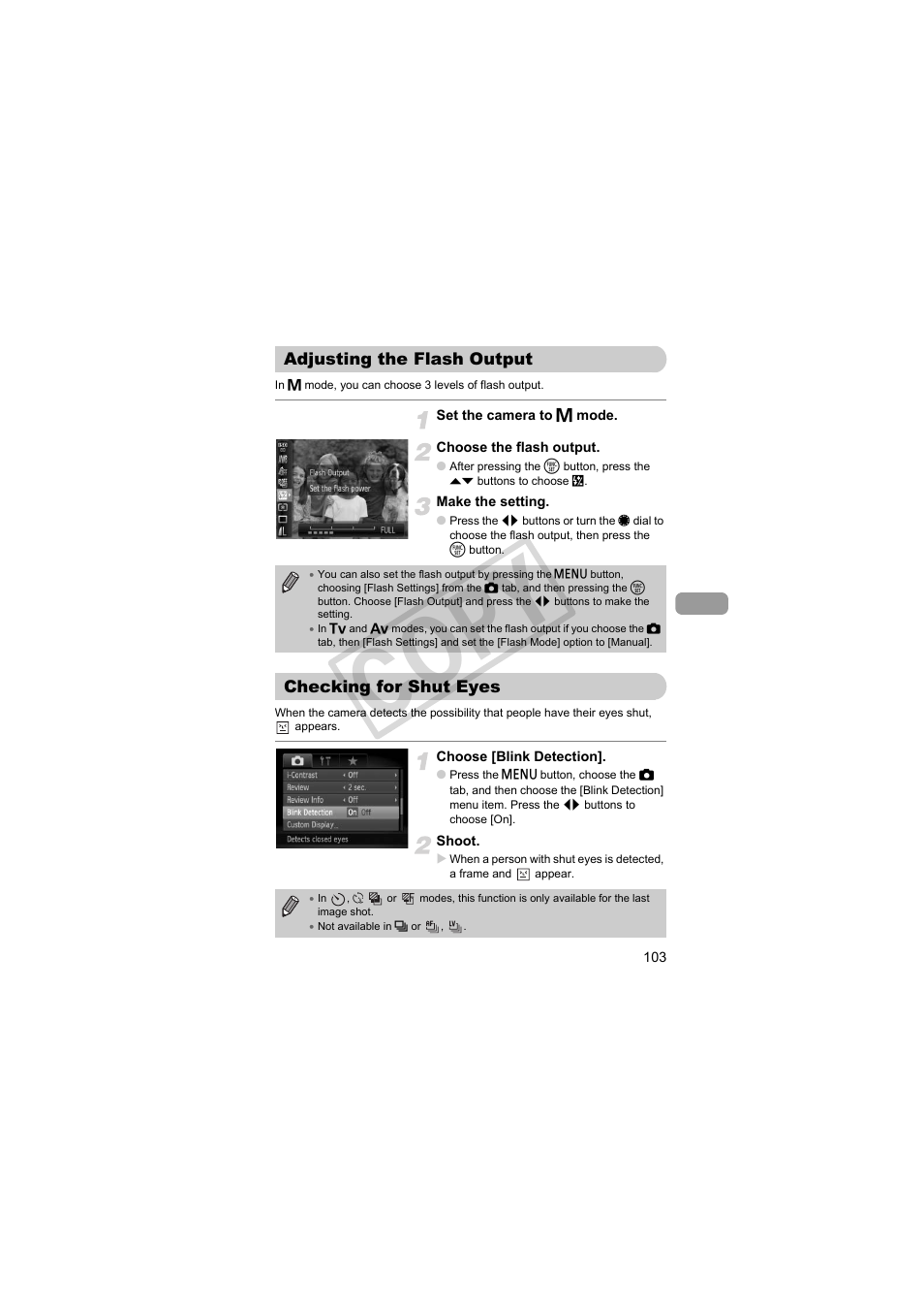 Adjusting the flash output checking for shut eyes, Put (p. 103), K detection (p. 103) | Co py | Canon PowerShot Camera S90 User Manual | Page 103 / 179