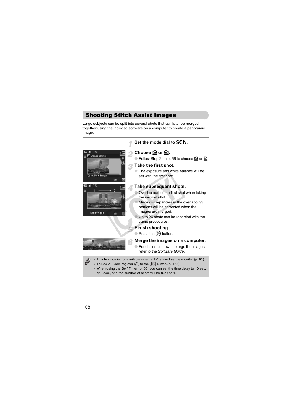 Shooting stitch assist images, Shooting stitch assist images” (p. 108), Co py | Canon PowerShot Camera S90 User Manual | Page 108 / 179