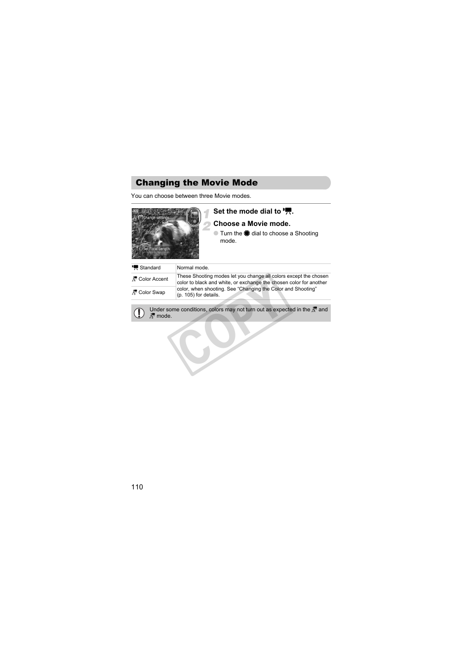Changing the movie mode, Co py | Canon PowerShot Camera S90 User Manual | Page 110 / 179
