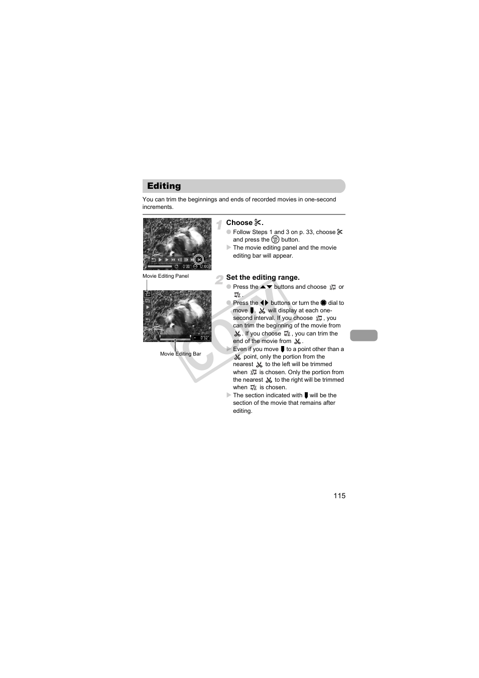 Editing, Edit (p. 115), Co py | Canon PowerShot Camera S90 User Manual | Page 115 / 179