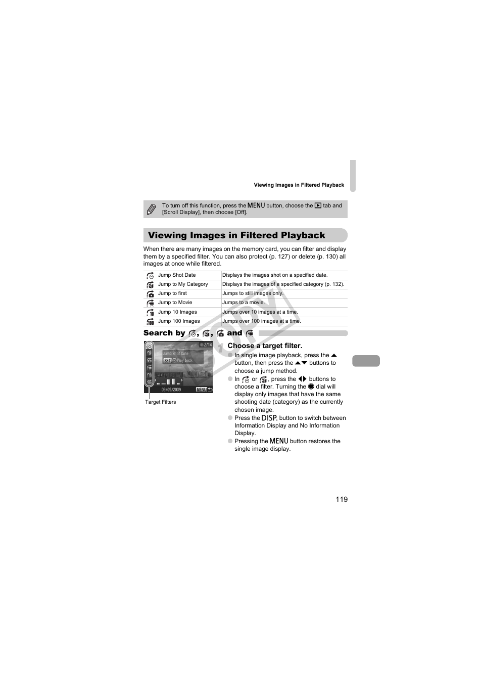 Viewing images in filtered, Playback, Tton (p. 119) | Viewing images in filtered playback (p. 119), Co py | Canon PowerShot Camera S90 User Manual | Page 119 / 179