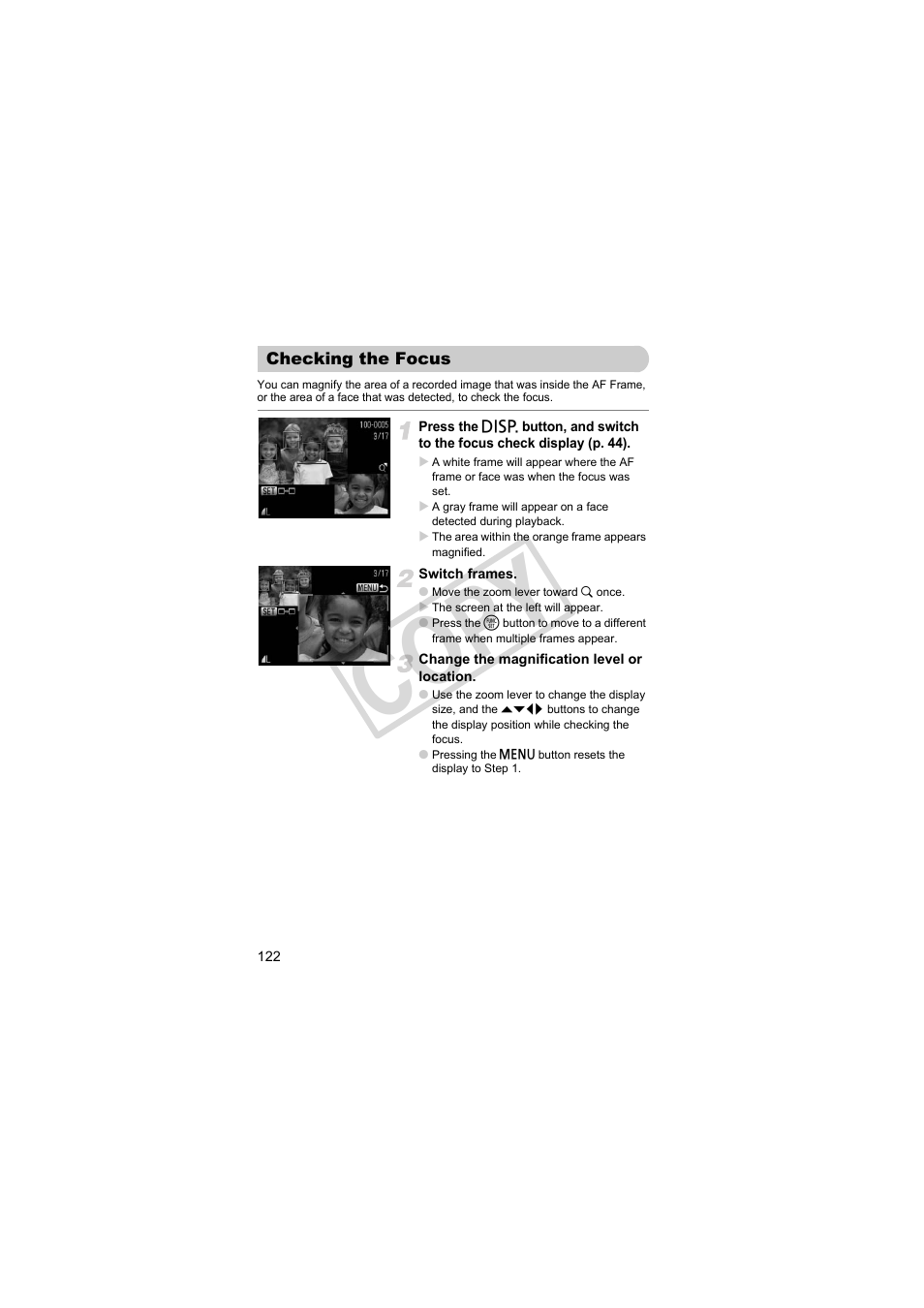 Checking the focus, P. 122), Co py | Canon PowerShot Camera S90 User Manual | Page 122 / 179