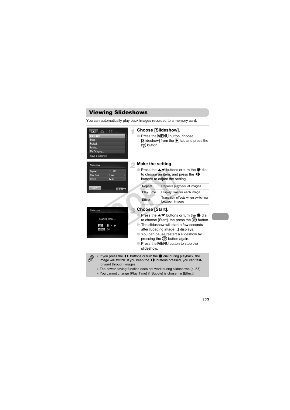 Viewing slideshows, Viewing slideshows (p. 123), Viewing slideshows” (p. 123) | Co py | Canon PowerShot Camera S90 User Manual | Page 123 / 179
