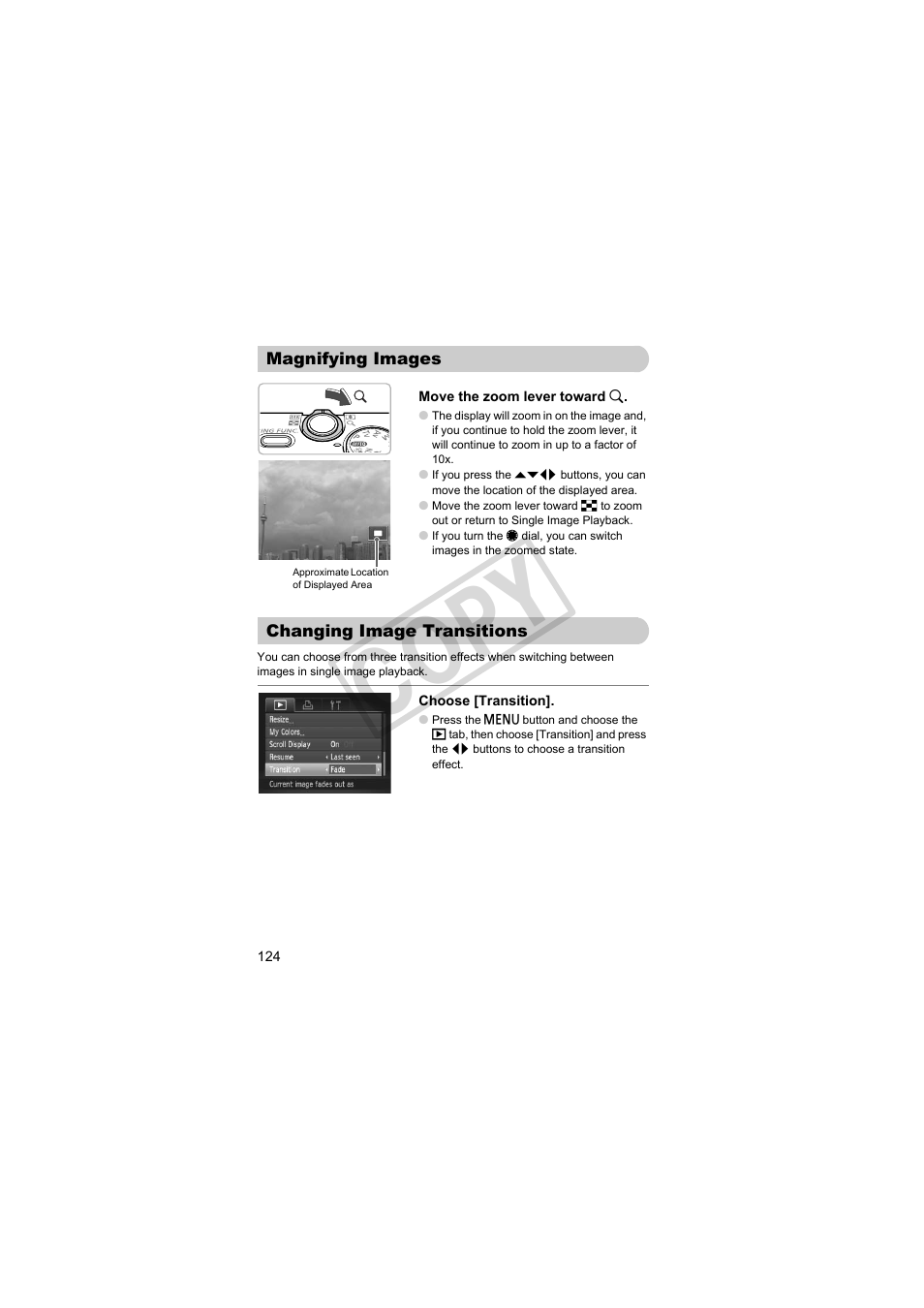 Magnifying images changing image transitions, P. 124), Changing image transitions (p. 124) | And “magnifying images” (p. 124). yo, Co py | Canon PowerShot Camera S90 User Manual | Page 124 / 179