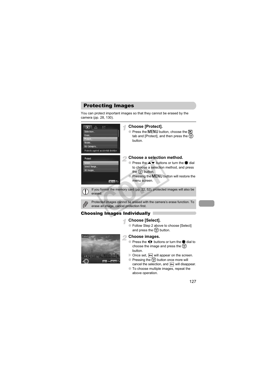 Protecting images, Tect (p. 127), Protecting images (p. 127) | Protecting images” (p. 127), Co py | Canon PowerShot Camera S90 User Manual | Page 127 / 179