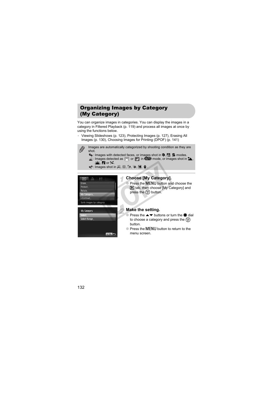 Organizing images by category, My category), My category (p. 132) | P. 132, Co py | Canon PowerShot Camera S90 User Manual | Page 132 / 179