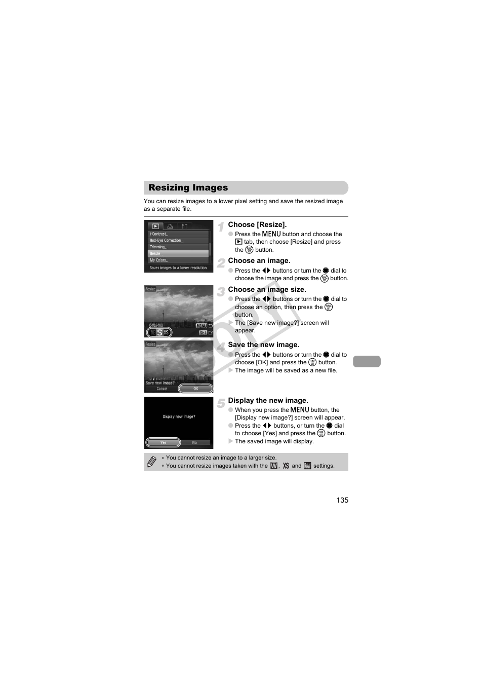 Resizing images, Pp. 135 – 13, P. 135) | Co py | Canon PowerShot Camera S90 User Manual | Page 135 / 179