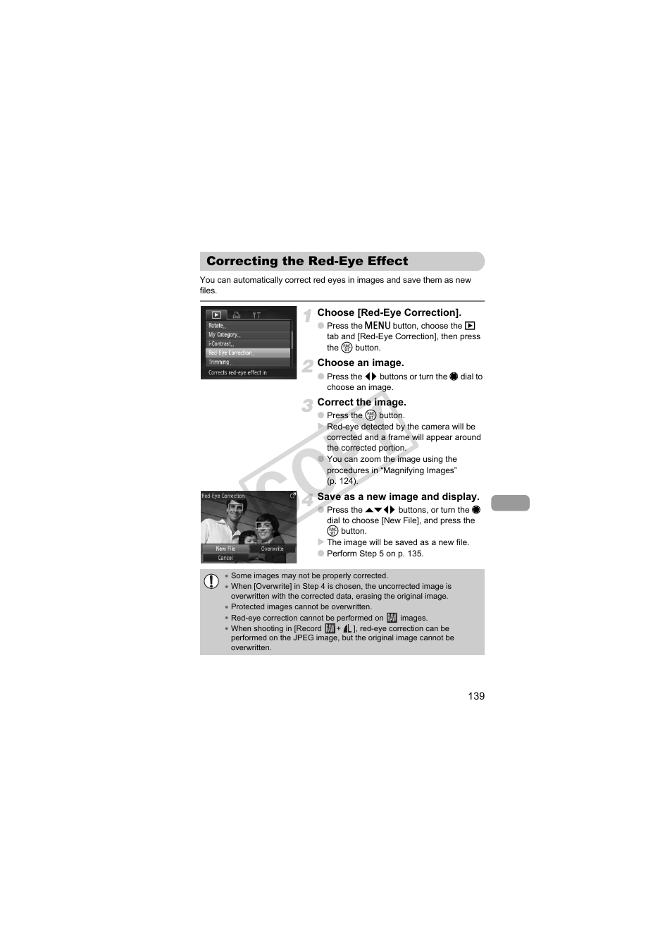 Correcting the red-eye effect, C o py | Canon PowerShot Camera S90 User Manual | Page 139 / 179
