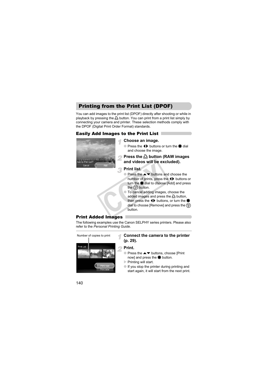 Printing from the print list, Dpof), Print list (p. 140) | Or “printing from the print list (dpof)” (p. 140), Co py | Canon PowerShot Camera S90 User Manual | Page 140 / 179