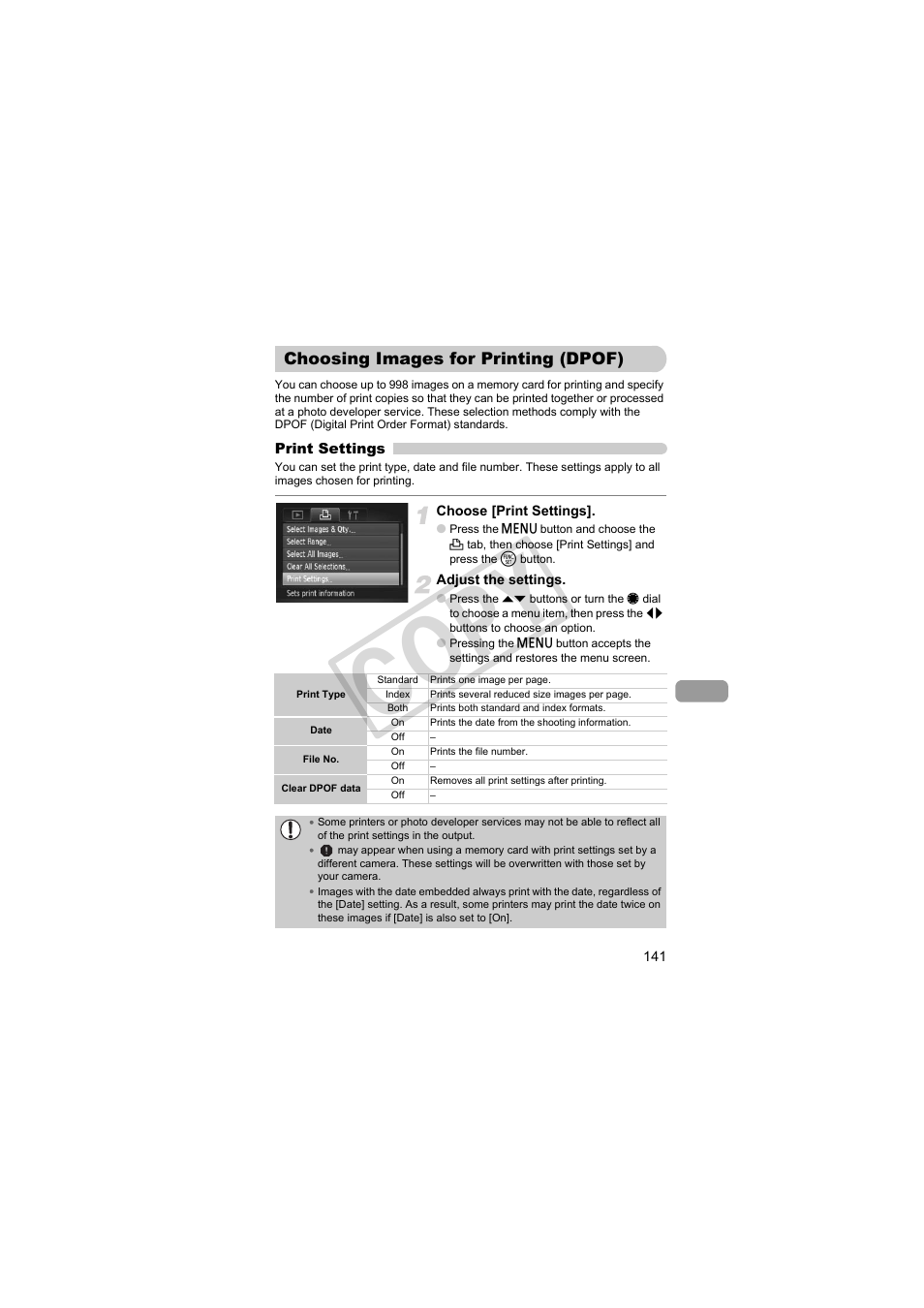 Choosing images for printing, Dpof), S (p. 141) to p | P. 141), Co py | Canon PowerShot Camera S90 User Manual | Page 141 / 179