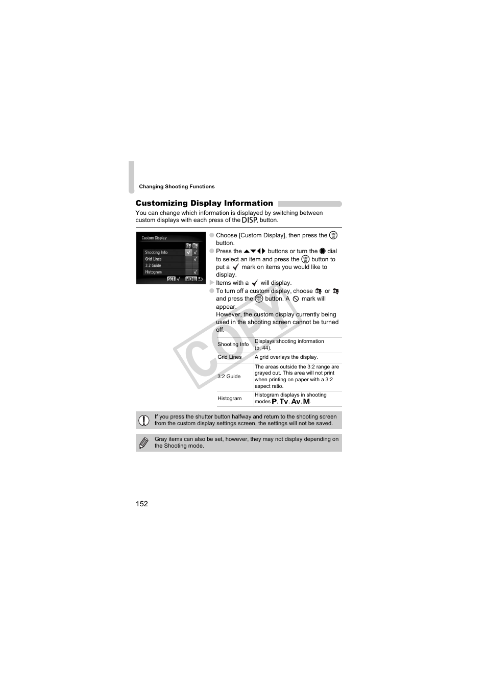 Lines (p. 152), G (p. 152, Customizing display information (p. 152) | Co py | Canon PowerShot Camera S90 User Manual | Page 152 / 179