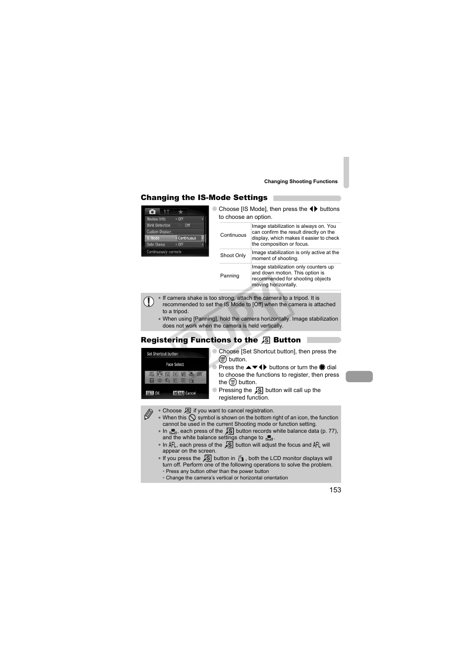 Utton (p. 153), Ge stabilizer (p. 153), P. 153) | P. 153, Changing the is-mode settings (p. 153), Button (p. 153), Co py | Canon PowerShot Camera S90 User Manual | Page 153 / 179
