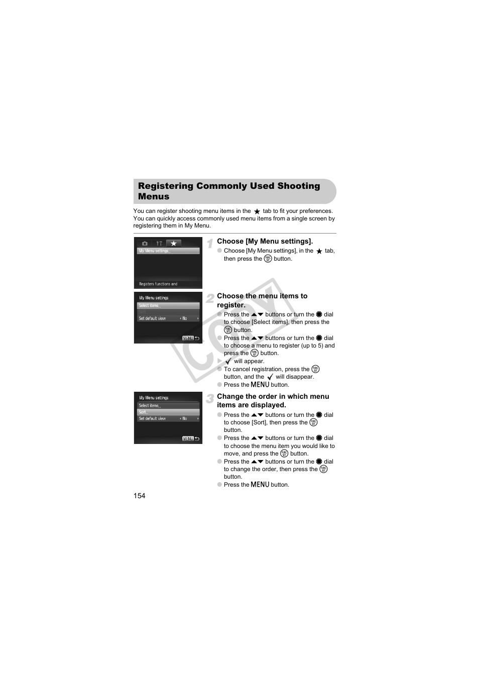 Registering commonly used, Shooting menus, Ems (p. 154) | Co py | Canon PowerShot Camera S90 User Manual | Page 154 / 179
