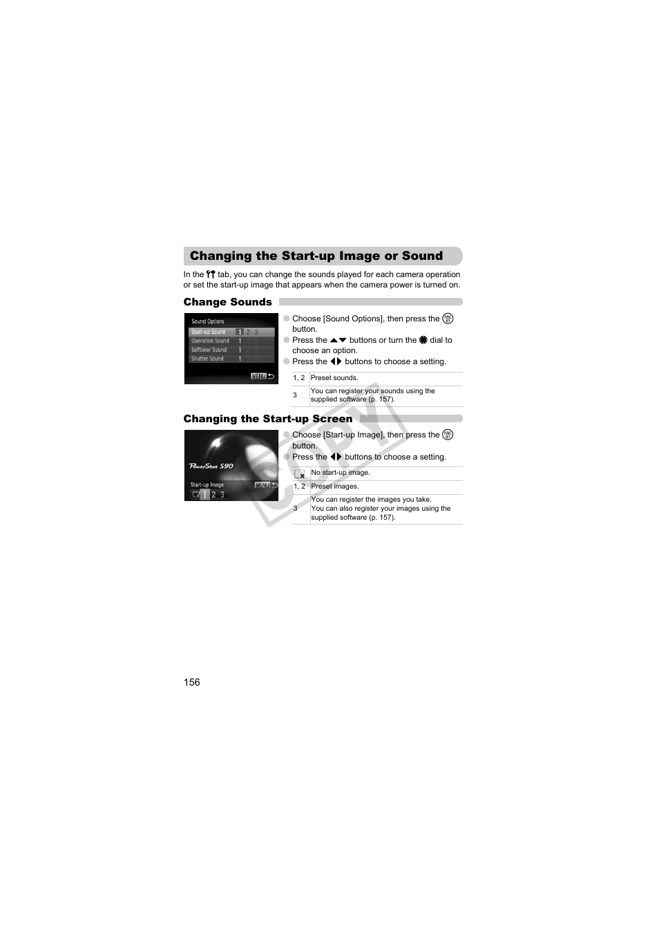 Changing the start-up image or, Sound, P. 156) | Co py | Canon PowerShot Camera S90 User Manual | Page 156 / 179