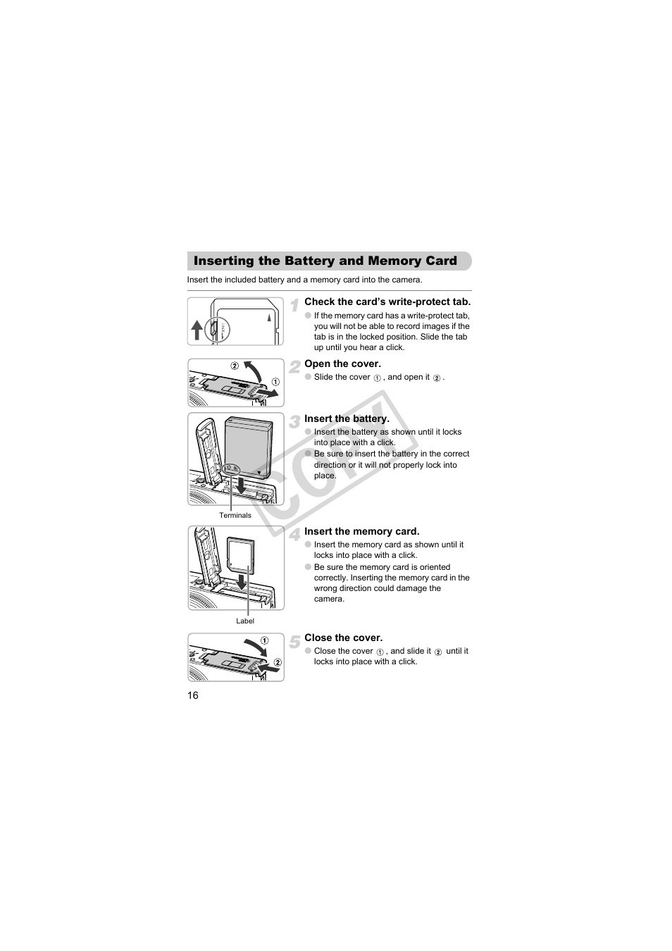 Inserting the battery, And memory card, Co py | Canon PowerShot Camera S90 User Manual | Page 16 / 179