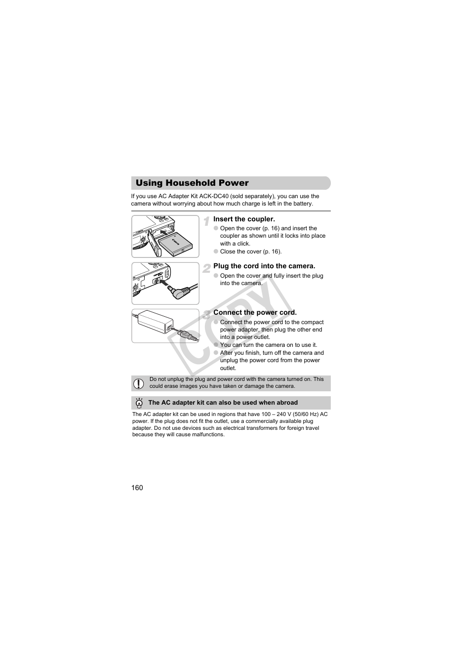 Using household power, R (p. 160), Co py | Canon PowerShot Camera S90 User Manual | Page 160 / 179