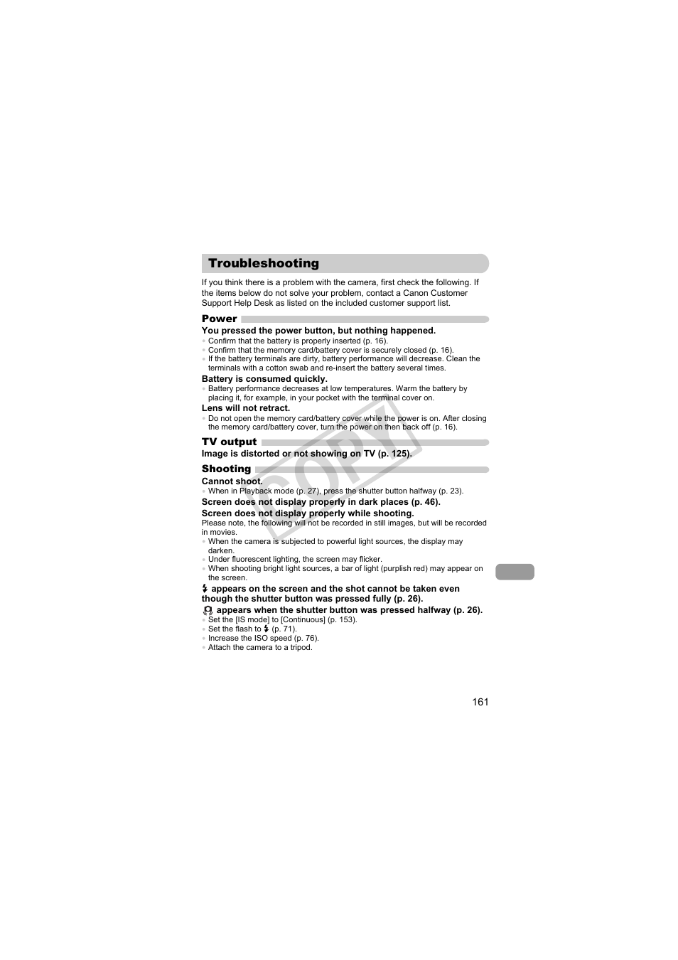 Troubleshooting, P. 161), Co py | Canon PowerShot Camera S90 User Manual | Page 161 / 179
