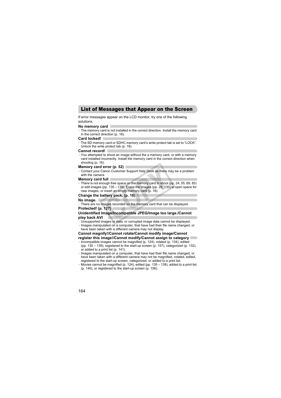 List of messages that appear, On the screen, Co p y | Canon PowerShot Camera S90 User Manual | Page 164 / 179