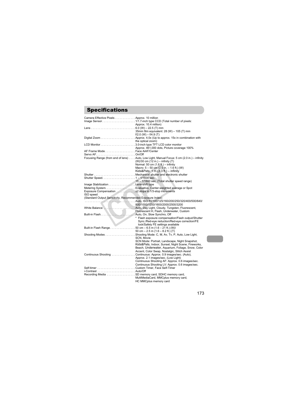 Specifications, P. 173), Co py | Canon PowerShot Camera S90 User Manual | Page 173 / 179