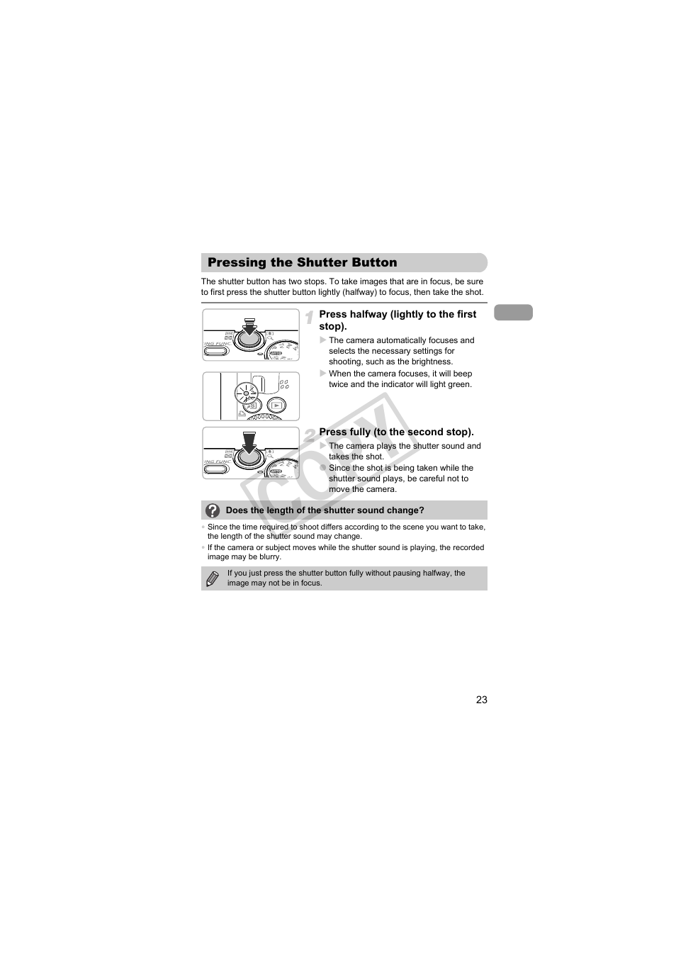 Pressing the shutter button, Co py | Canon PowerShot Camera S90 User Manual | Page 23 / 179