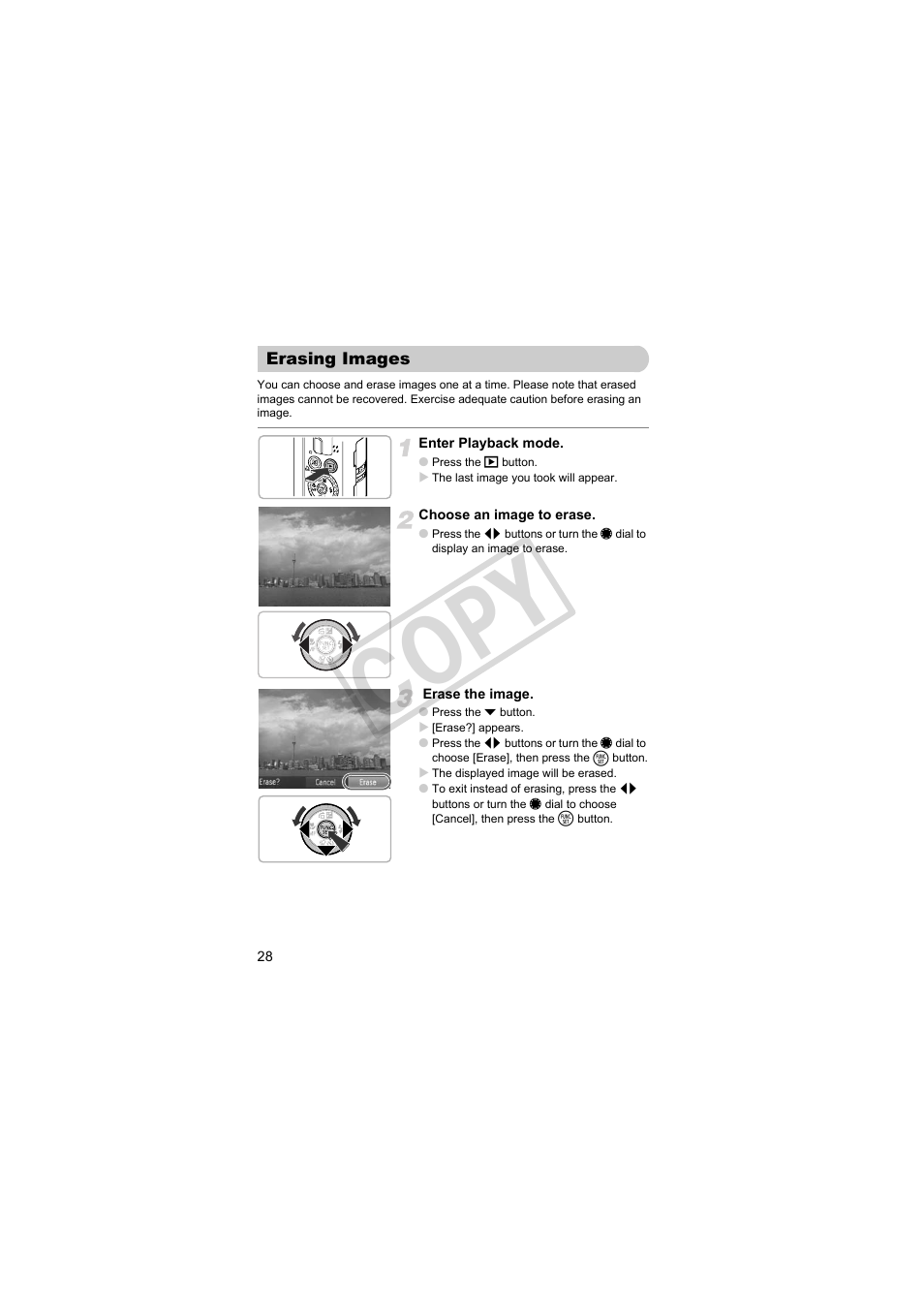 Erasing images, Co py | Canon PowerShot Camera S90 User Manual | Page 28 / 179