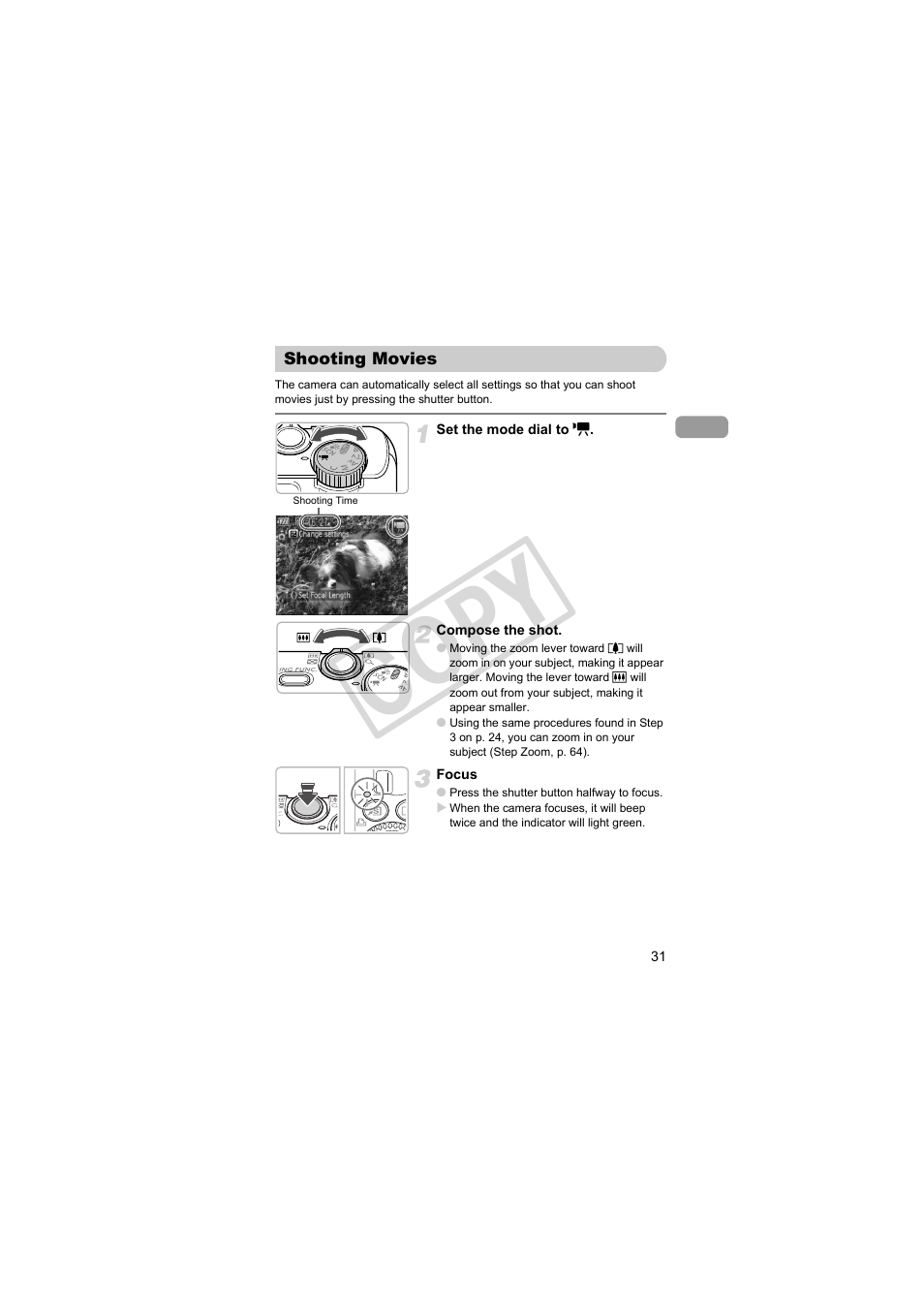 Shooting movies, Co py | Canon PowerShot Camera S90 User Manual | Page 31 / 179