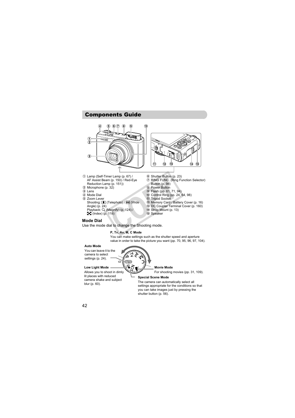 Components guide, Co p y | Canon PowerShot Camera S90 User Manual | Page 42 / 179