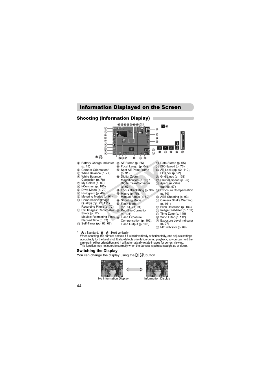 Information displayed, On the screen, Or) (p. 44) | Utton (pp. 44, C o p y | Canon PowerShot Camera S90 User Manual | Page 44 / 179
