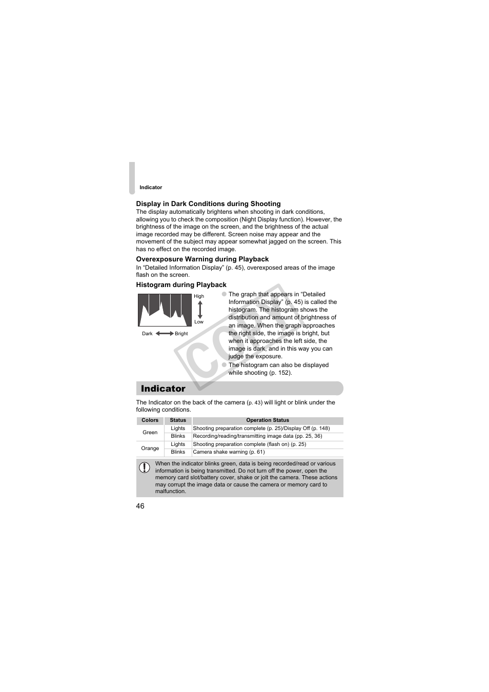 Indicator, Indicator (p. 46, Histogram (p. 46) | Co py | Canon PowerShot Camera S90 User Manual | Page 46 / 179