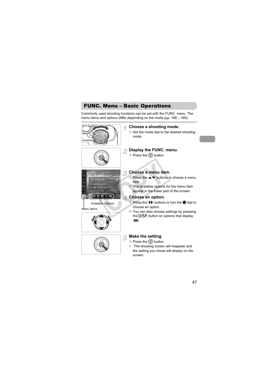 Func. menu – basic operations, P. 47), Co py | Canon PowerShot Camera S90 User Manual | Page 47 / 179