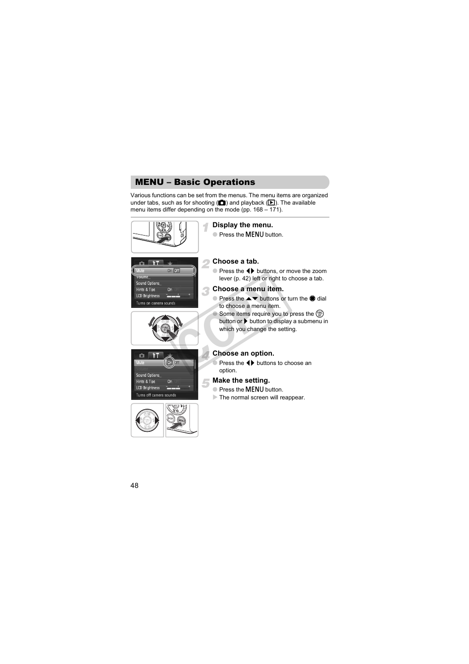 Menu – basic operations, U) button (p. 48), Co py | Canon PowerShot Camera S90 User Manual | Page 48 / 179