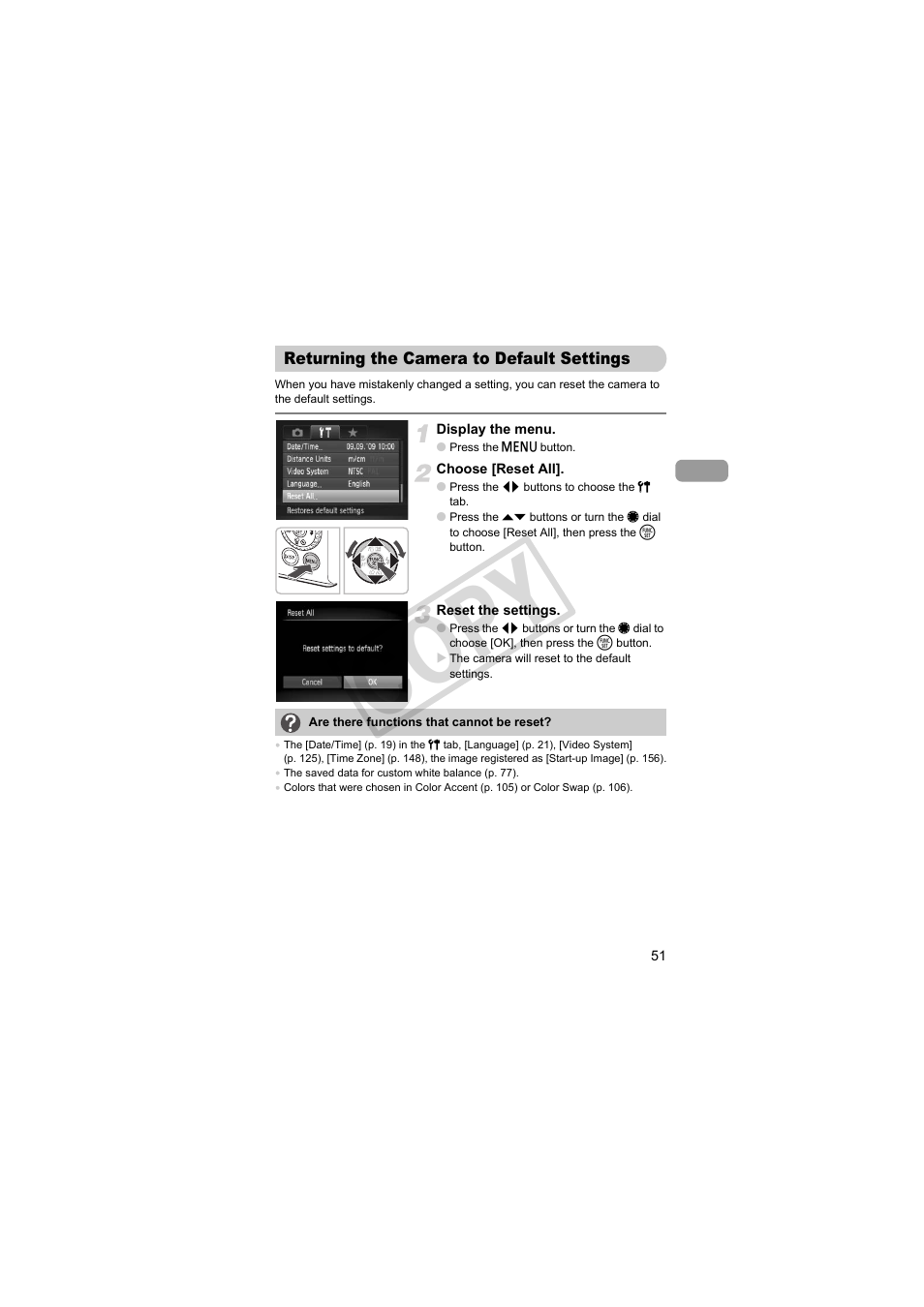 Returning the camera to default, Settings, Co py | Canon PowerShot Camera S90 User Manual | Page 51 / 179