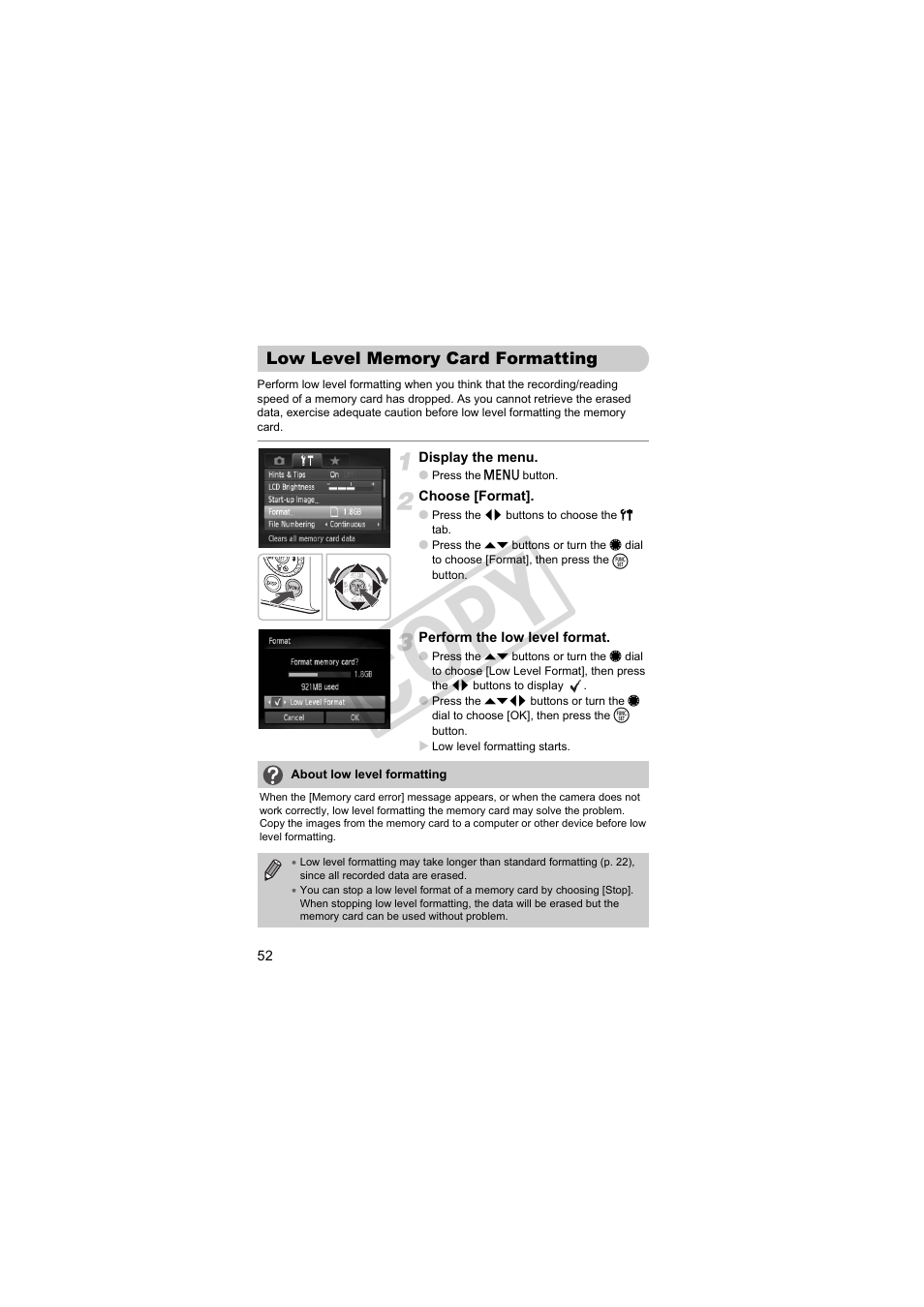 Low level memory card, Formatting, Co py | Canon PowerShot Camera S90 User Manual | Page 52 / 179