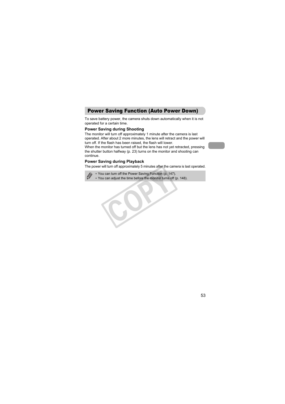 Power saving function, Auto power down), Co py | Canon PowerShot Camera S90 User Manual | Page 53 / 179